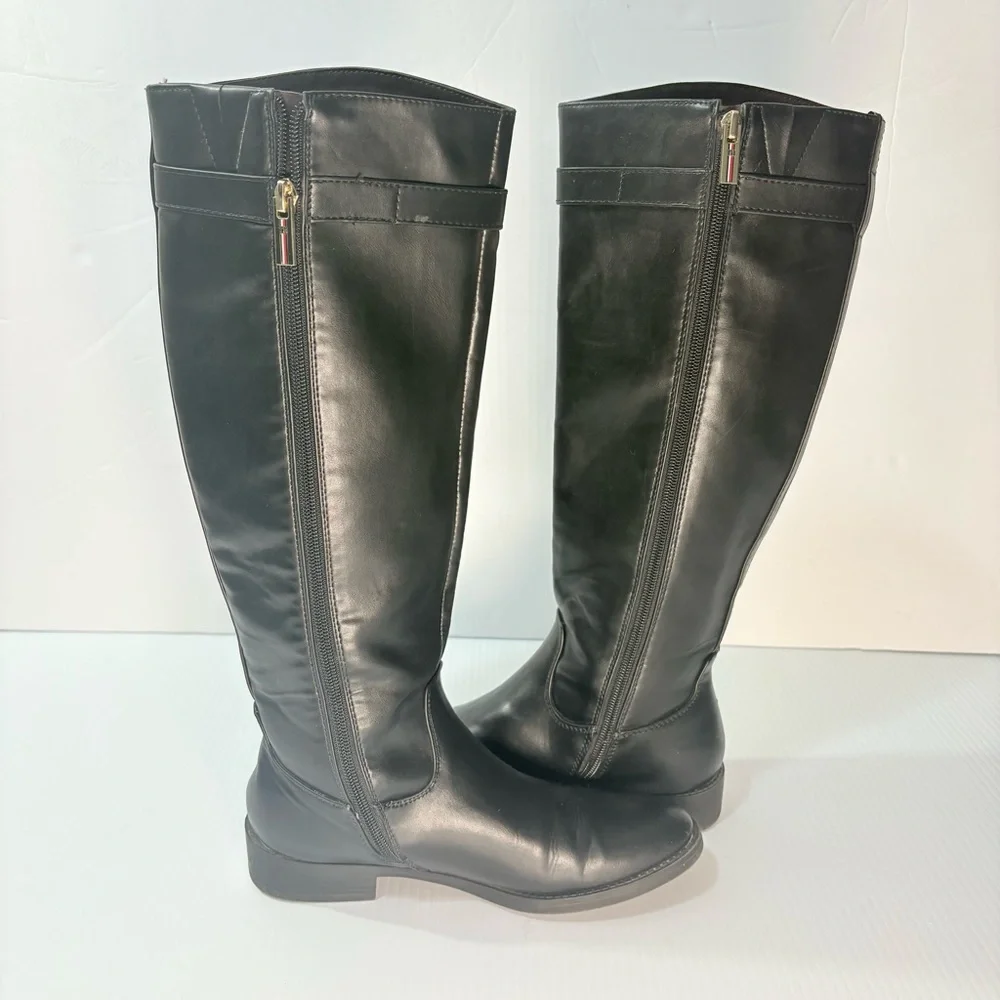 Tommy Hilfiger Inezy Black Knee High Equestrian Boots Side Zip Block Heel Sz6